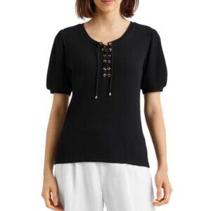 Lauren Ralph Lauren Women's Waffle-Knit Lace-Up Puff-Sleeve Top‎ Size 2X Black